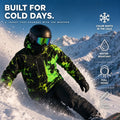 Snowboarder wearing the Coldsnap colour-shift jacket in green, built for cold days