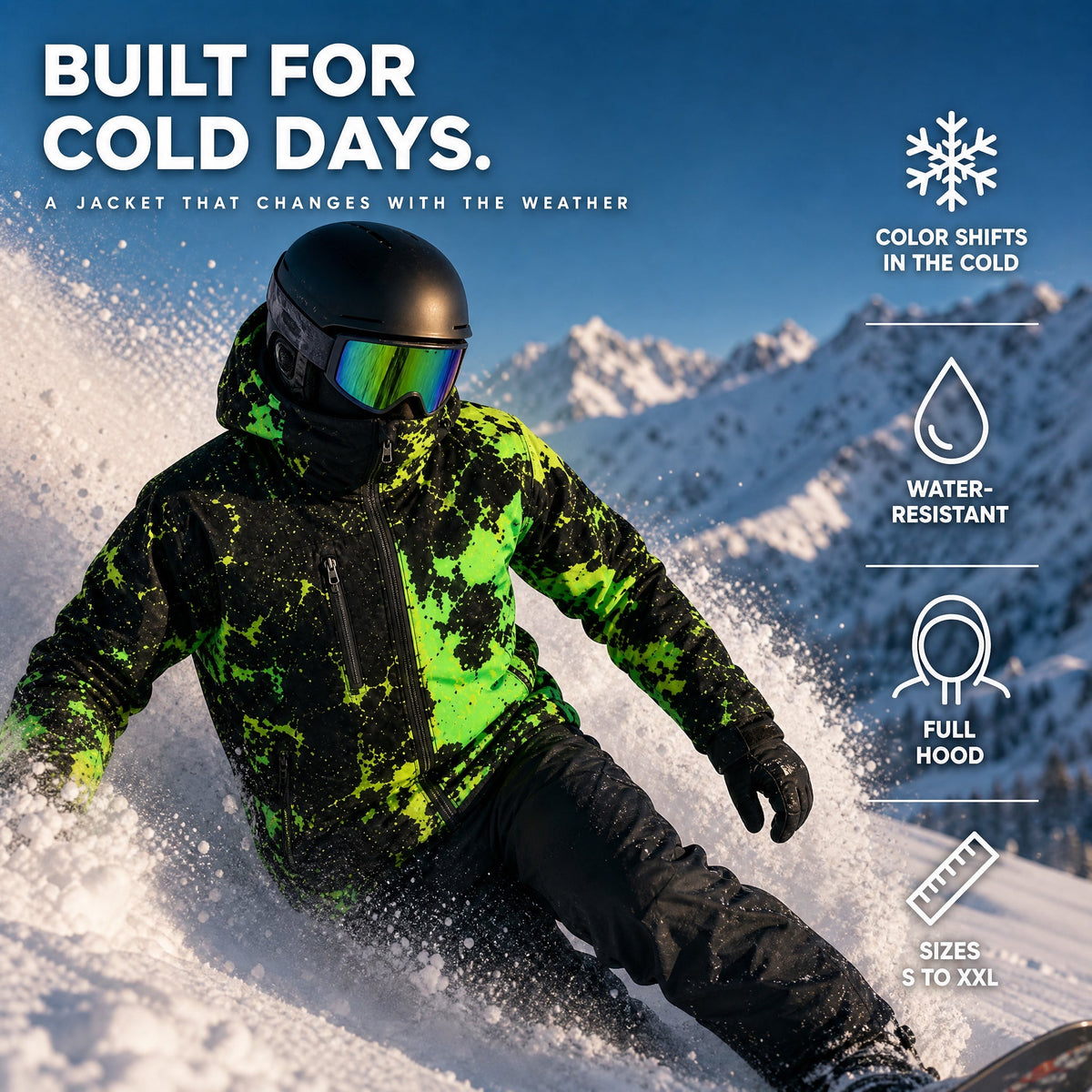 Snowboarder wearing the Coldsnap colour-shift jacket in green, built for cold days