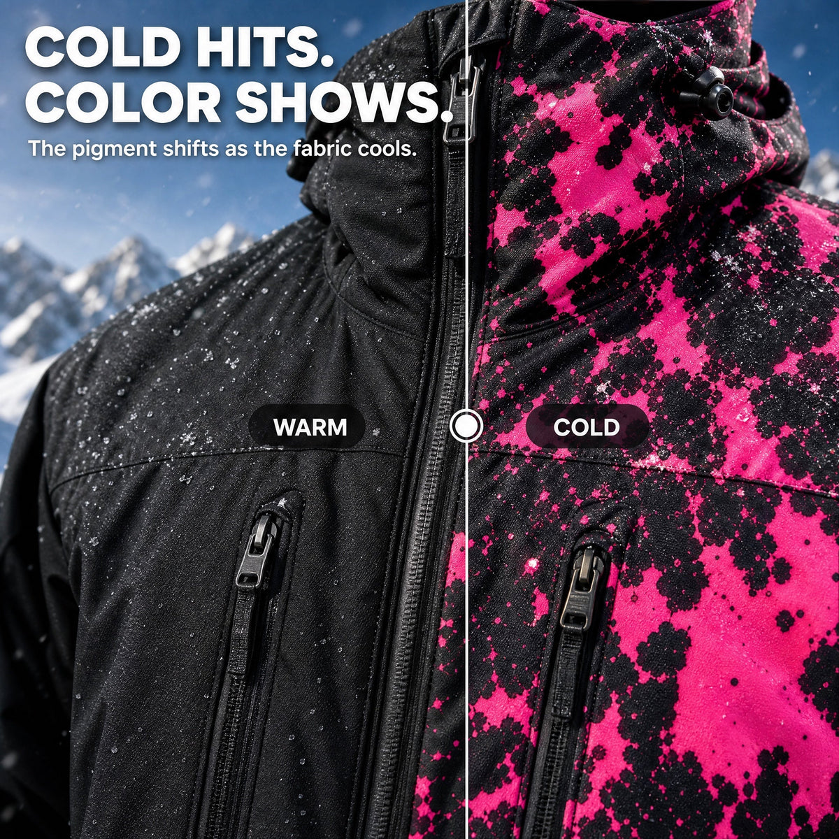 Side by side comparison: the jacket black when warm and pink when cold