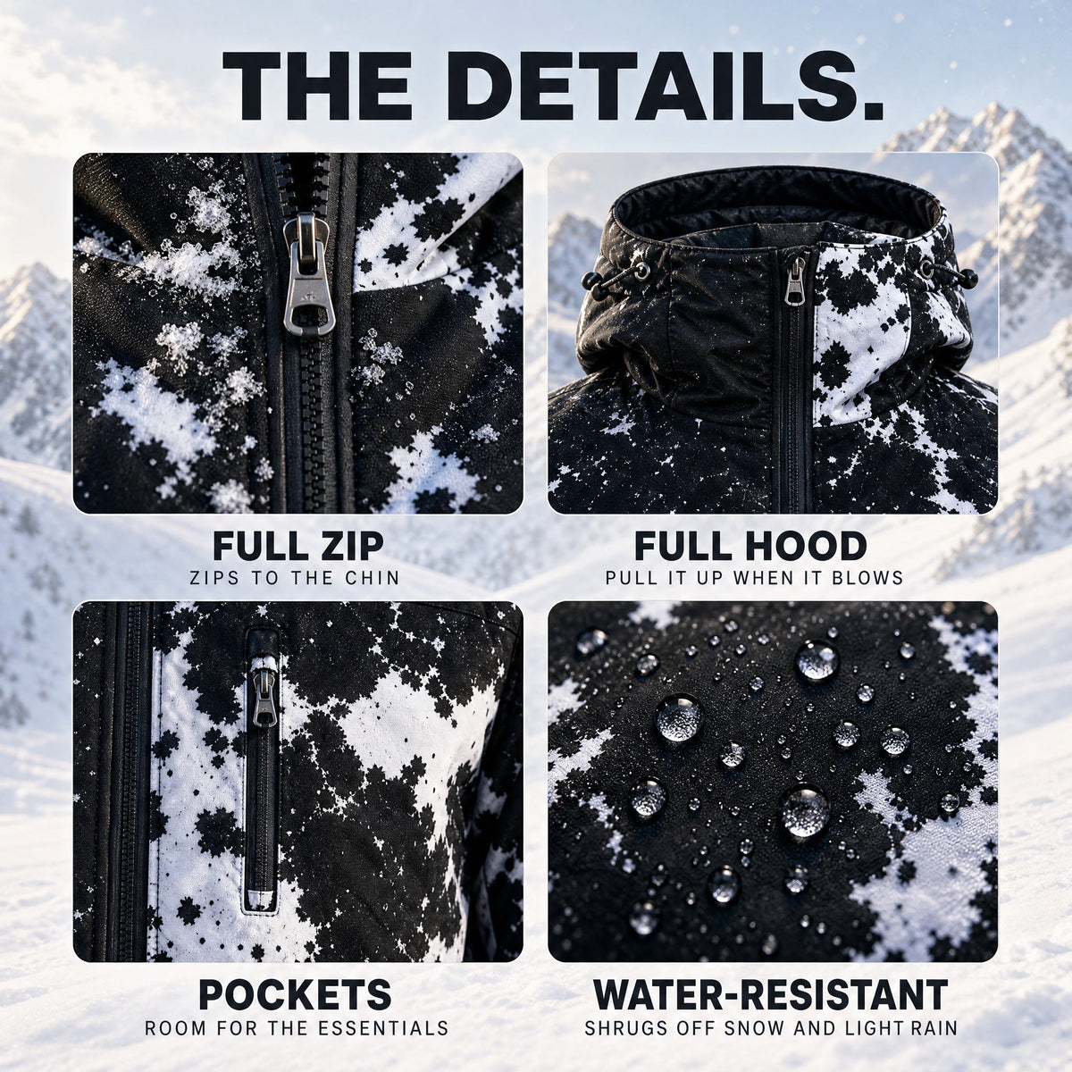 Close up of the jacket's zips, hood and pocket construction