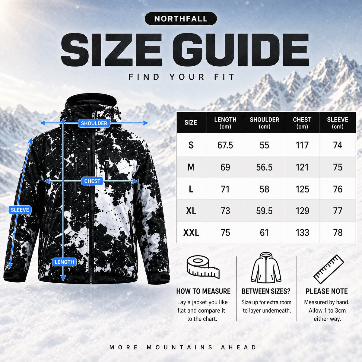 Sizing guide for the Coldsnap jacket, S through XXL
